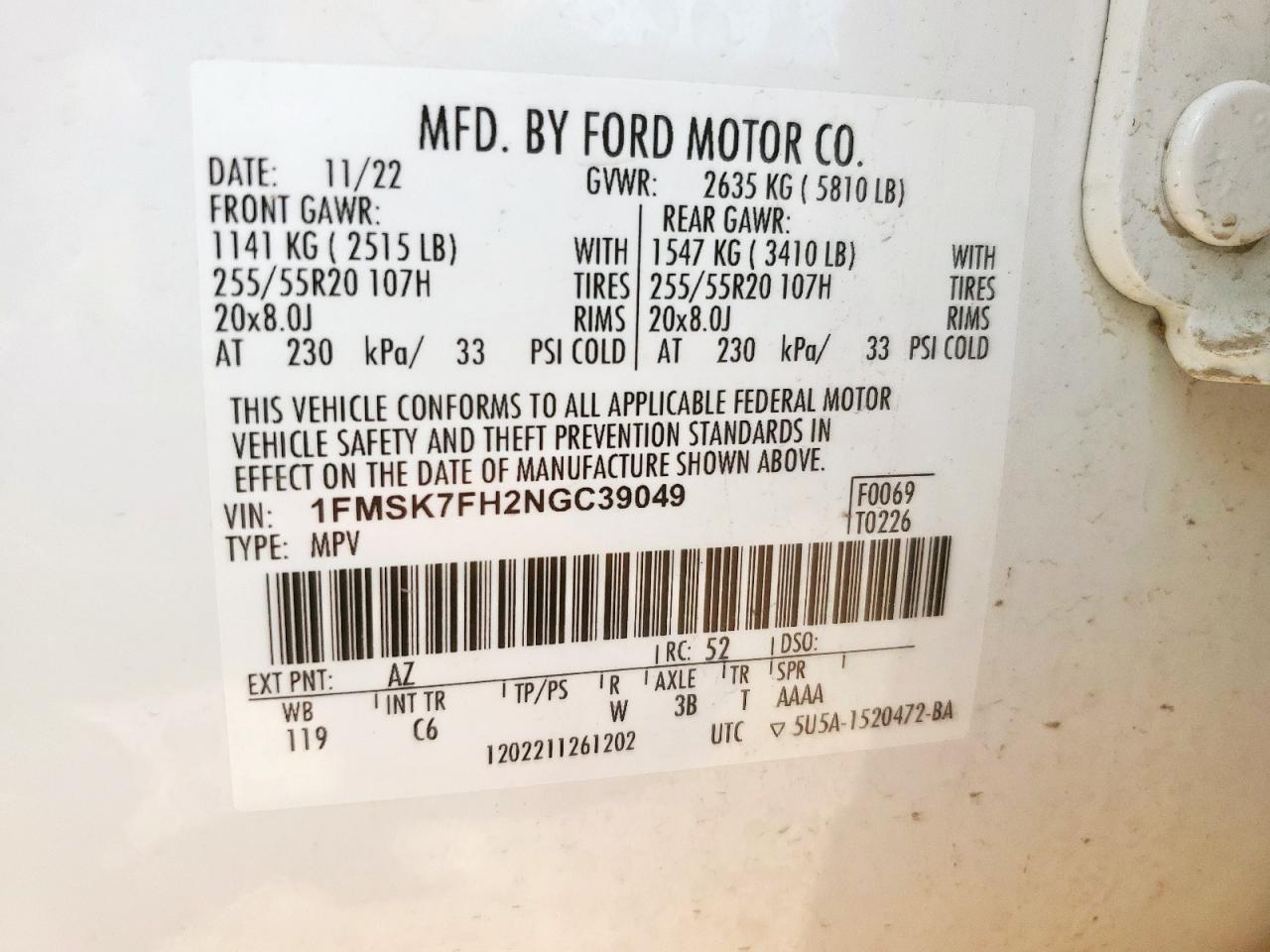 2022 Ford Explorer Limited VIN: 1FMSK7FH2NGC39049 Lot: 64953225