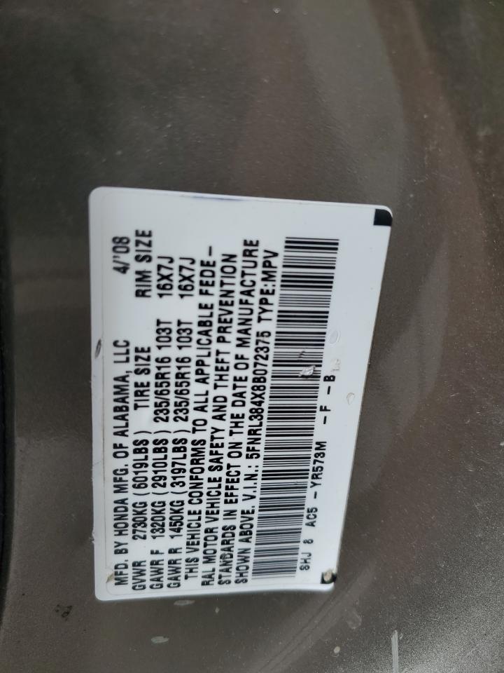 2008 Honda Odyssey Ex VIN: 5FNRL384X8B072375 Lot: 65188055