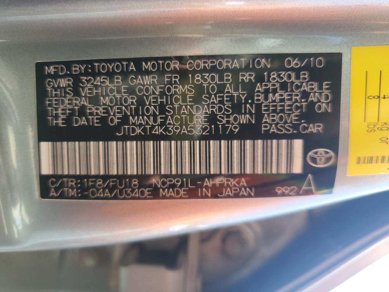 2010 Toyota Yaris VIN: JTDKT4K39A5321179 Lot: 65463215