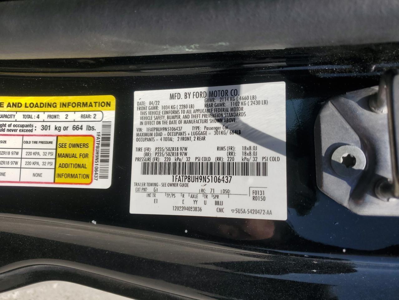 2022 Ford Mustang VIN: 1FATP8UH9N5106437 Lot: 64449185