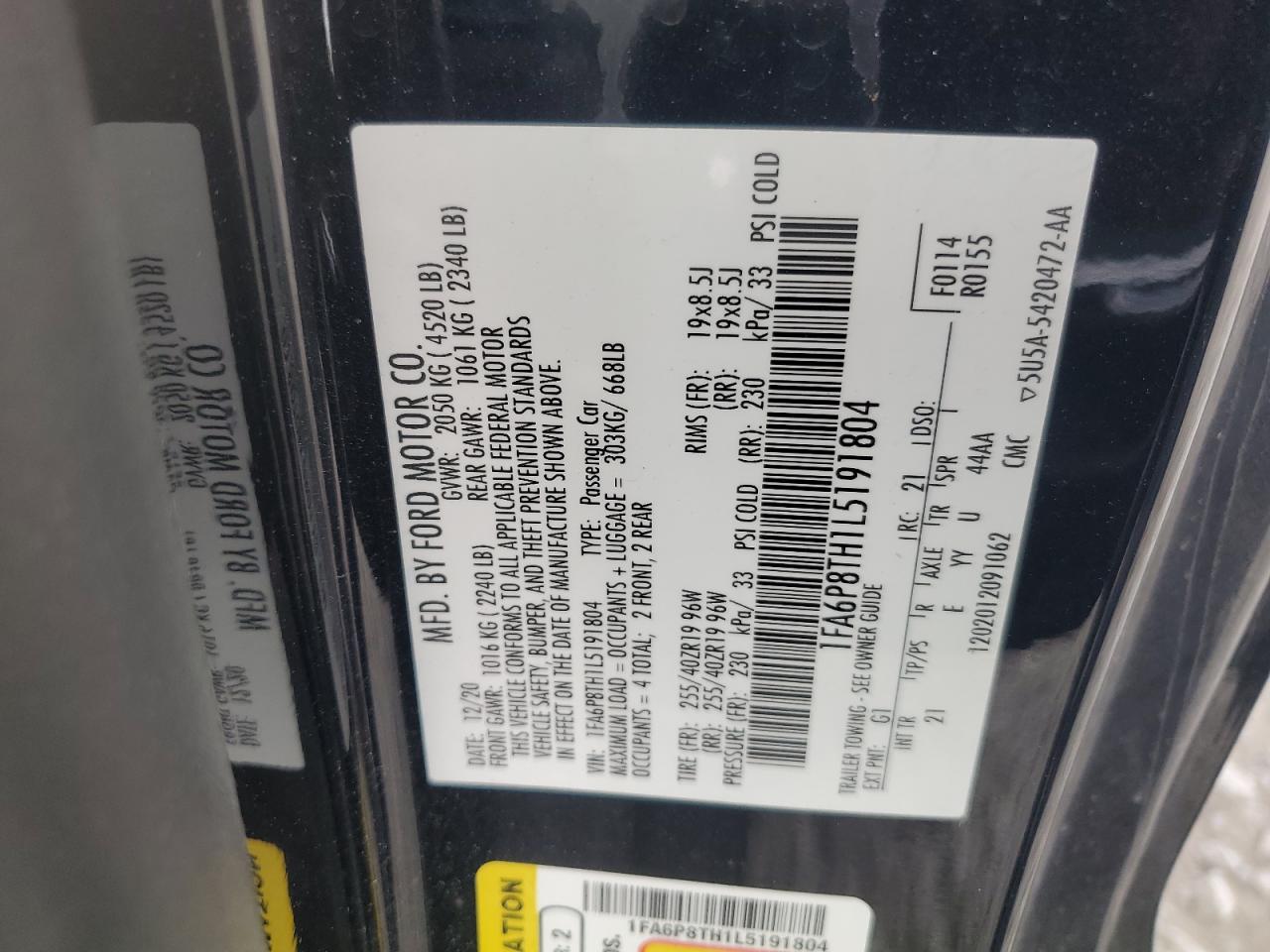 2020 Ford Mustang VIN: 1FA6P8TH1L5191804 Lot: 64786885