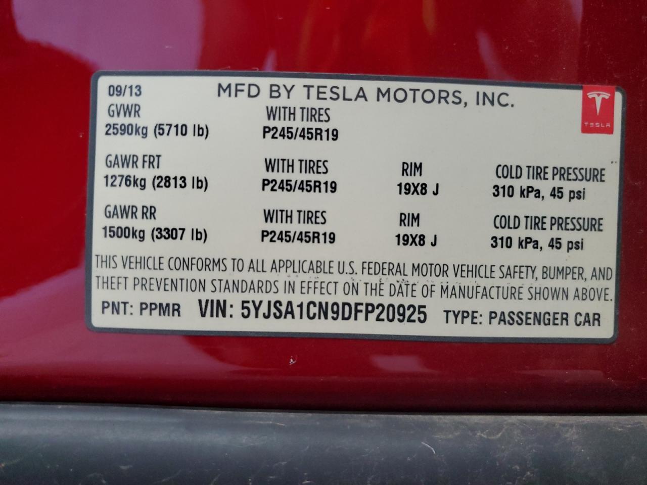 2013 Tesla Model S VIN: 5YJSA1CN9DFP20925 Lot: 63572415