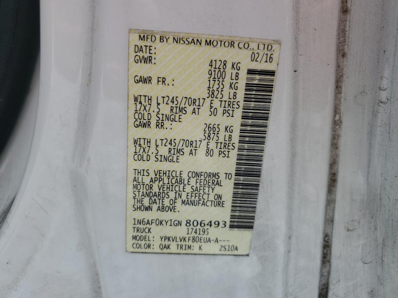 1n6af0ky1gn806493 1N6AF0KY1GN806493 2016 Nissan Nv 2500 S