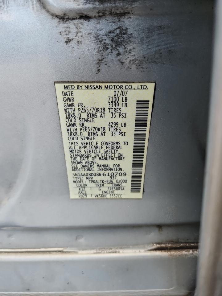 2008 Nissan Armada Se VIN: 5N1AA08D08N610709 Lot: 65085745