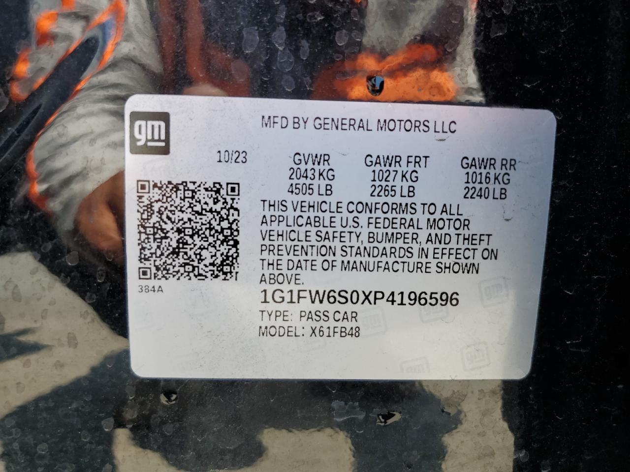 2023 Chevrolet Bolt Ev 1Lt VIN: 1G1FW6S0XP4196596 Lot: 64844375