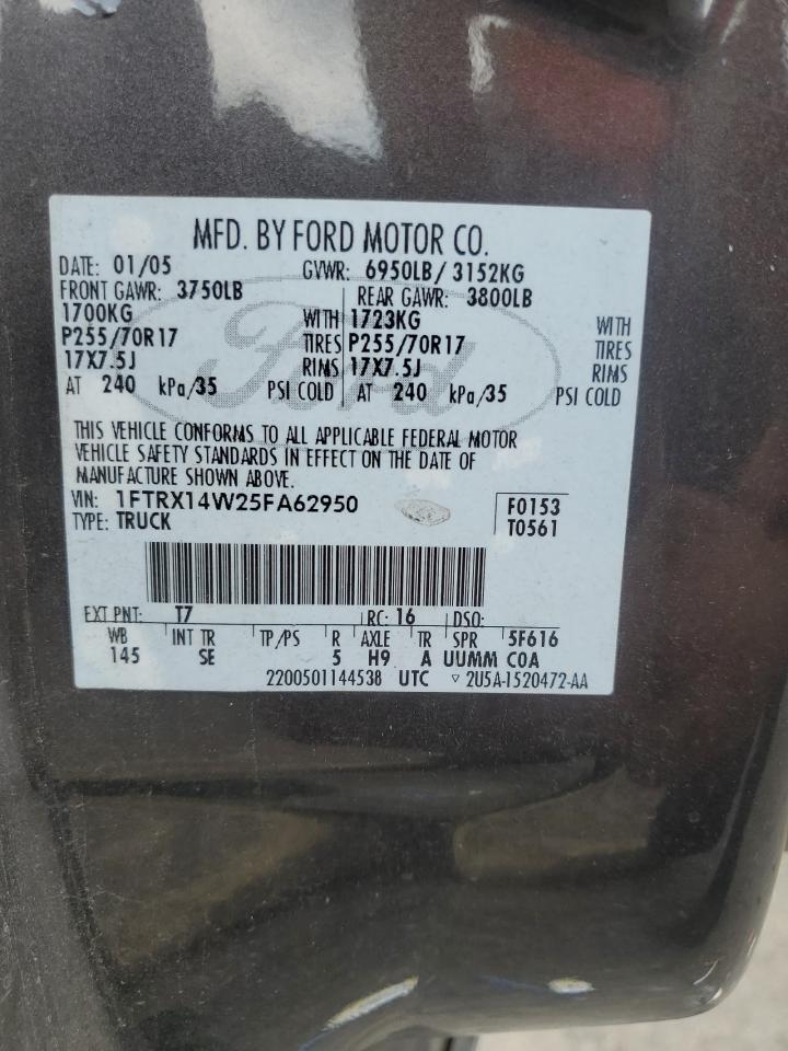 2005 Ford F150 VIN: 1FTRX14W25FA62950 Lot: 64290195