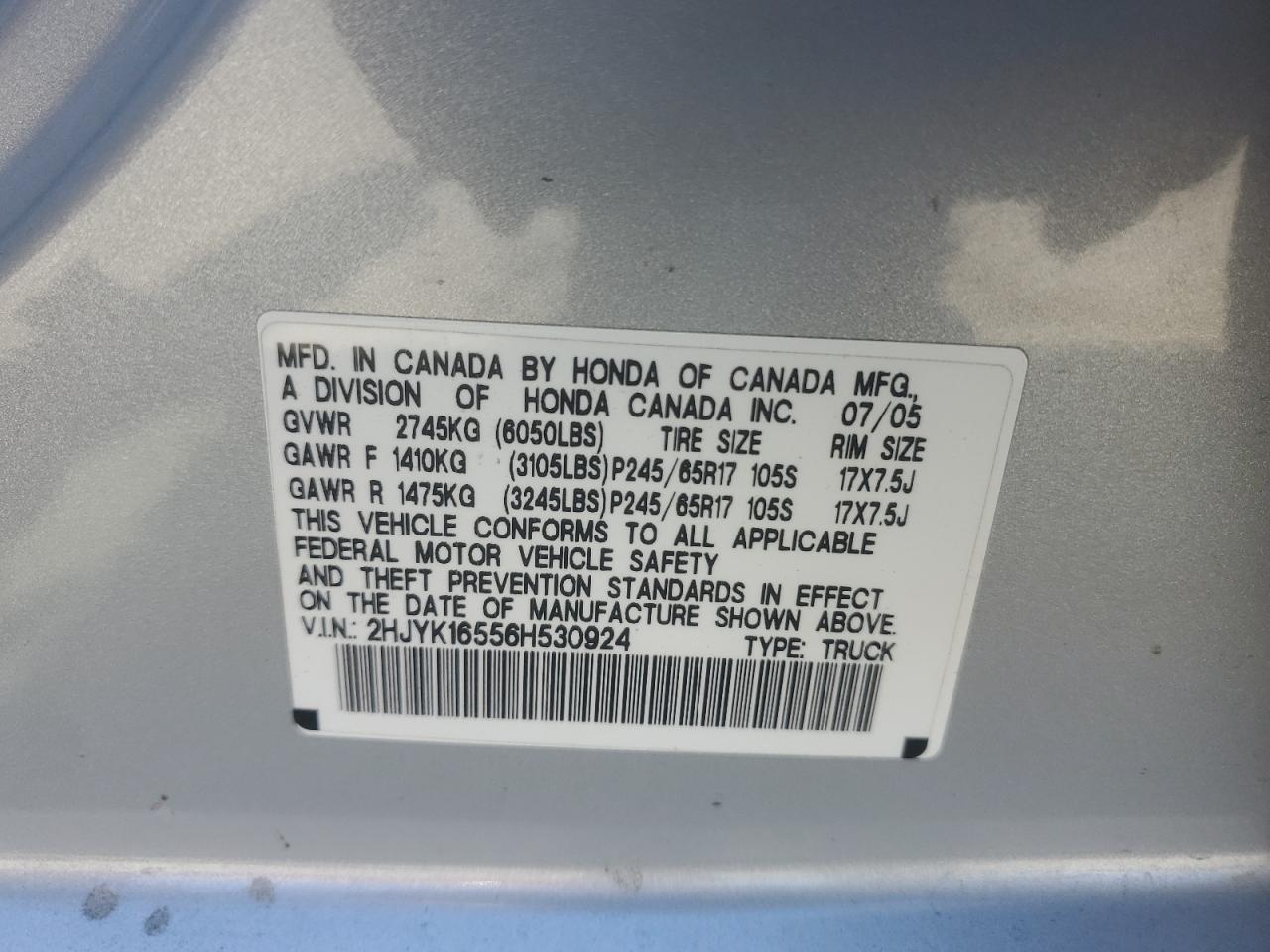 2006 Honda Ridgeline Rtl VIN: 2HJYK16556H530924 Lot: 64885265