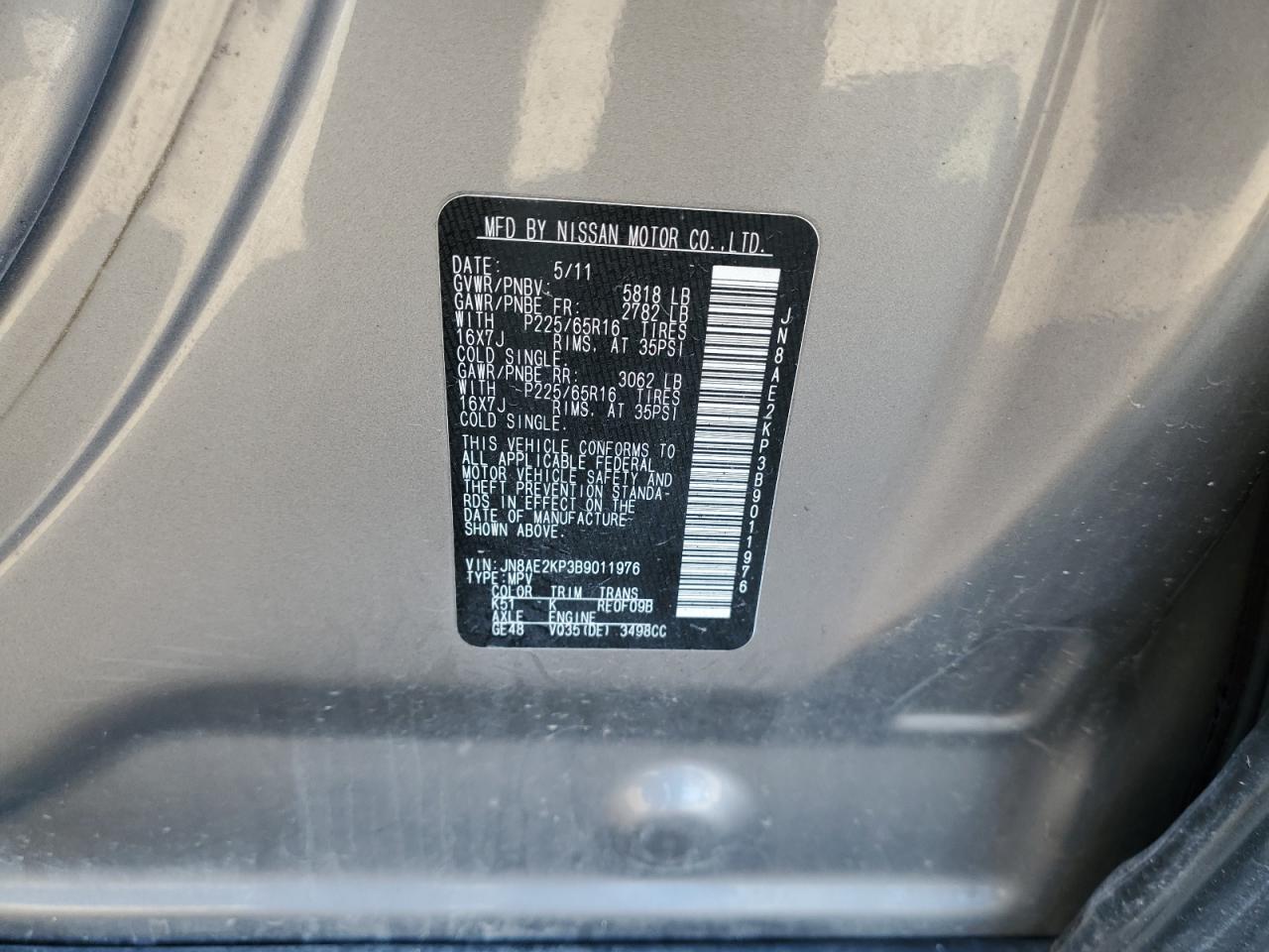 2011 Nissan Quest S VIN: JN8AE2KP3B9011976 Lot: 63210875