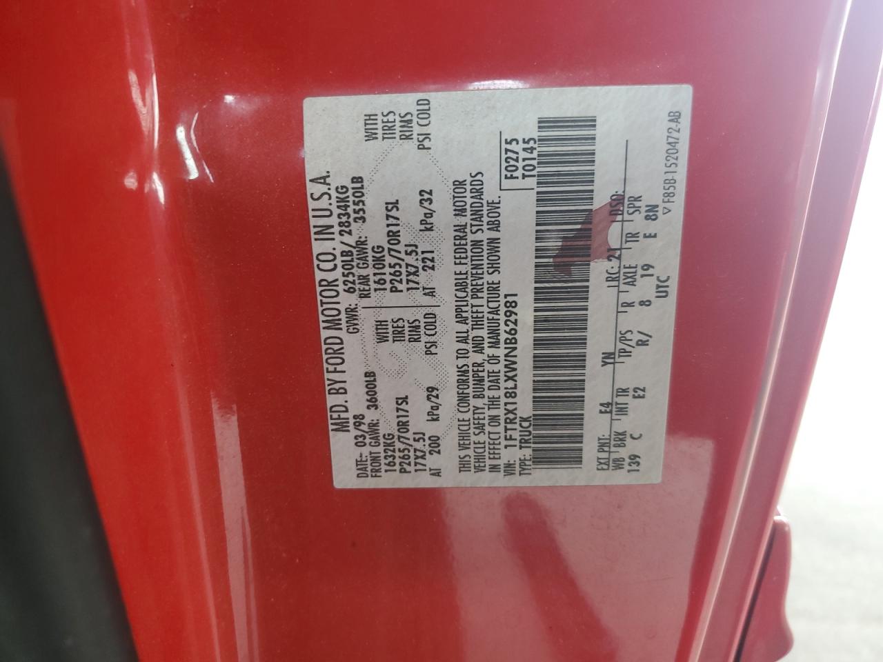 1998 Ford F150 VIN: 1FTRX18LXWNB62981 Lot: 66438555