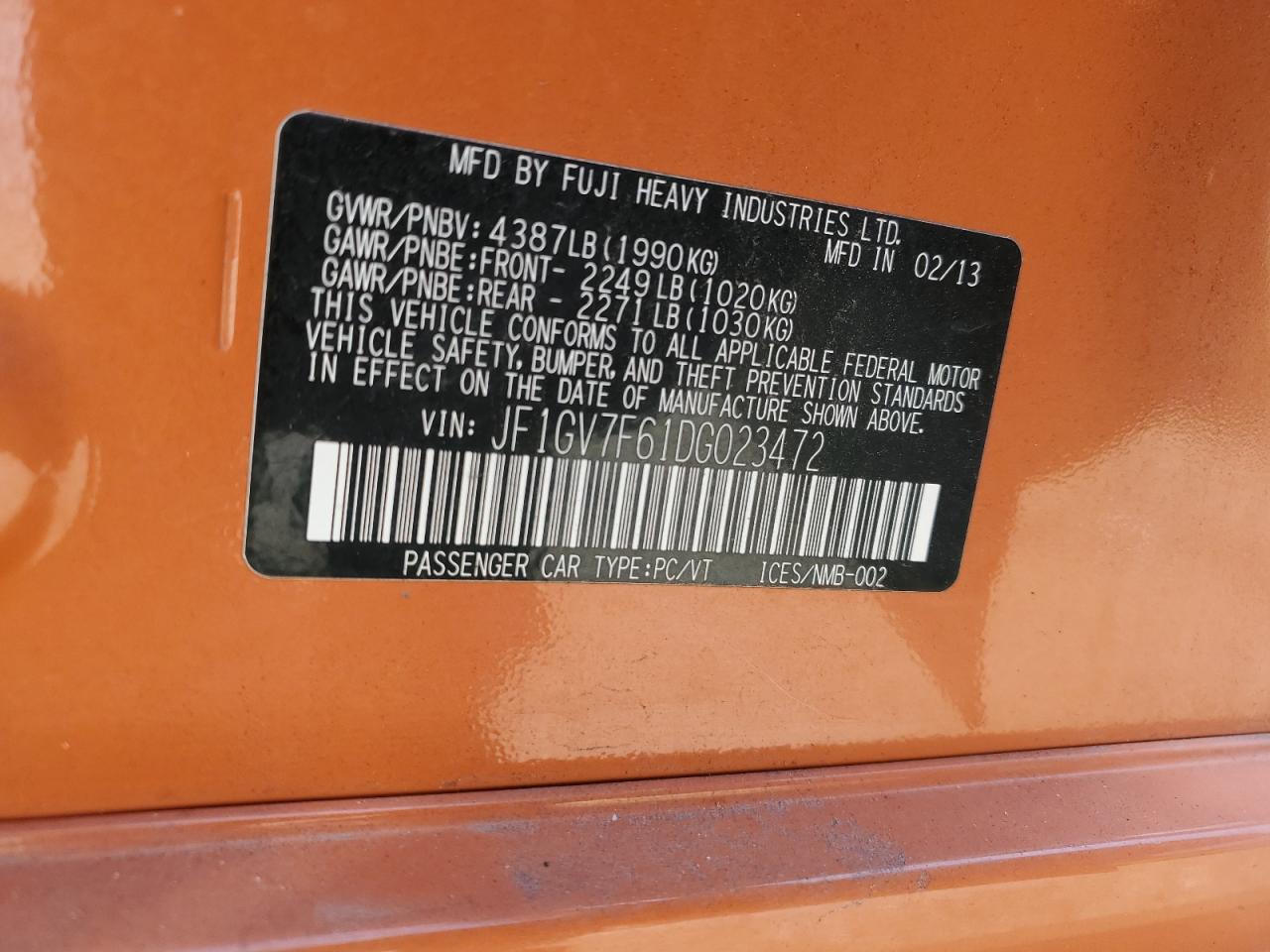2013 Subaru Impreza Wrx VIN: JF1GV7F61DG023472 Lot: 64188775