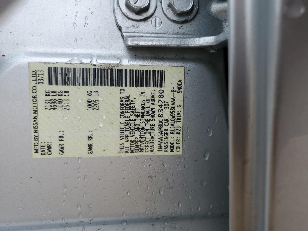 2013 Nissan Maxima S VIN: 1N4AA5AP8DC834280 Lot: 66376855