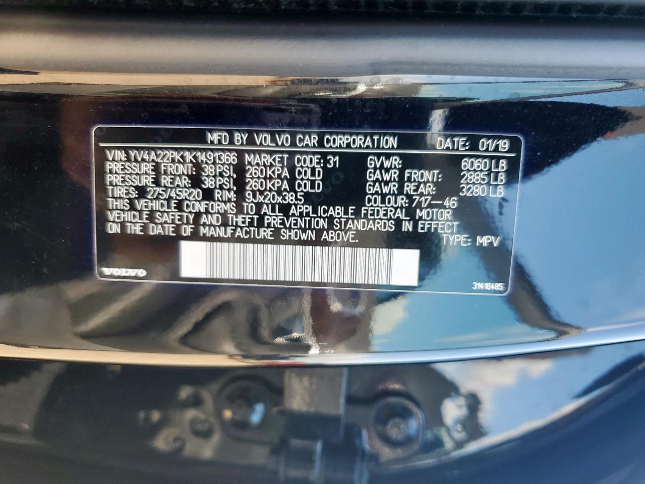 2019 Volvo Xc90 T6 Momentum VIN: YV4A22PK1K1491366 Lot: 64300375