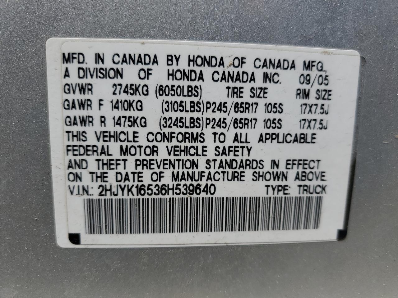 2hjyk16536h539640 2HJYK16536H539640 2006 Honda Ridgeline Rtl