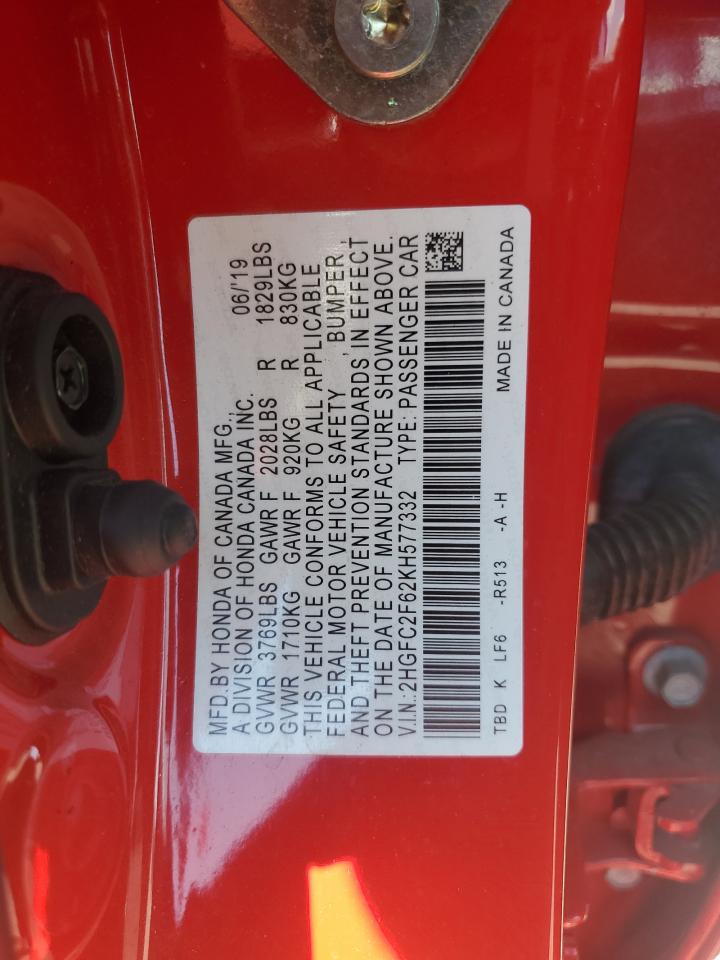 2019 Honda Civic Lx VIN: 2HGFC2F62KH577332 Lot: 64408595