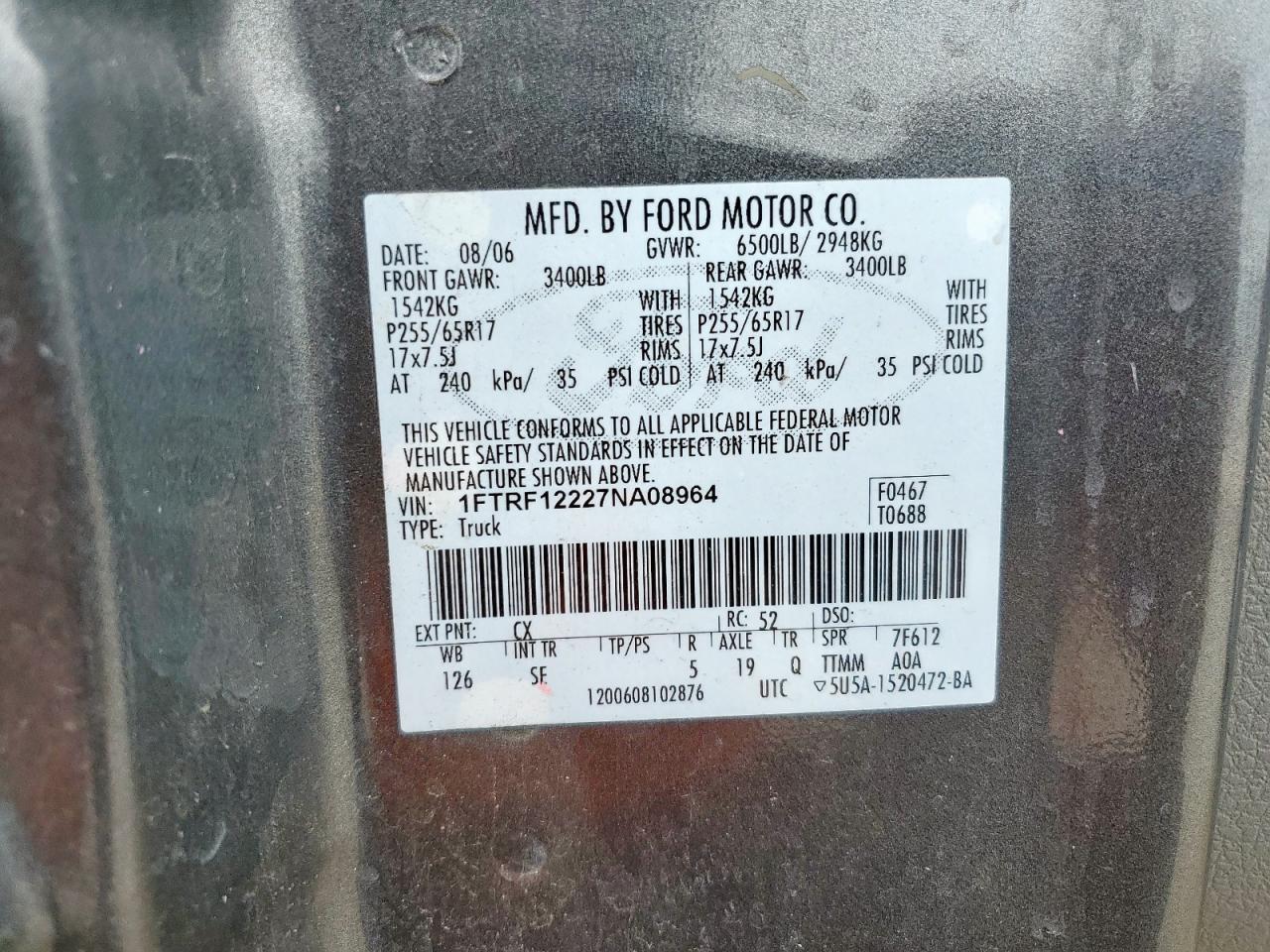 2007 Ford F150 VIN: 1FTRF12227NA08964 Lot: 64978105