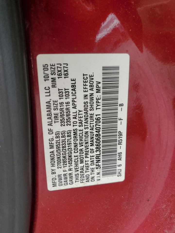 2006 Honda Odyssey Exl VIN: 5FNRL38606B407061 Lot: 65318825