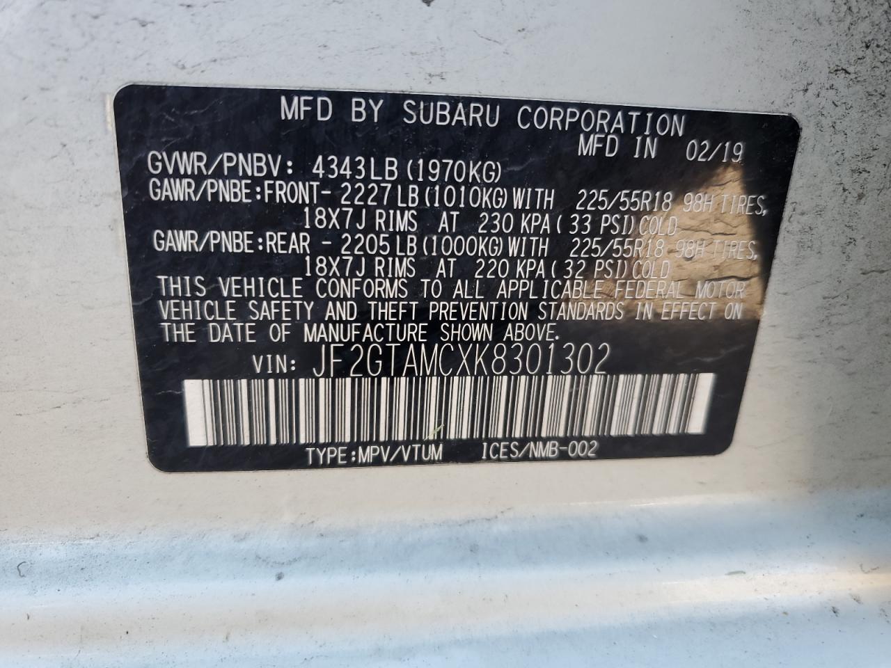 2019 Subaru Crosstrek Limited VIN: JF2GTAMCXK8301302 Lot: 66179075