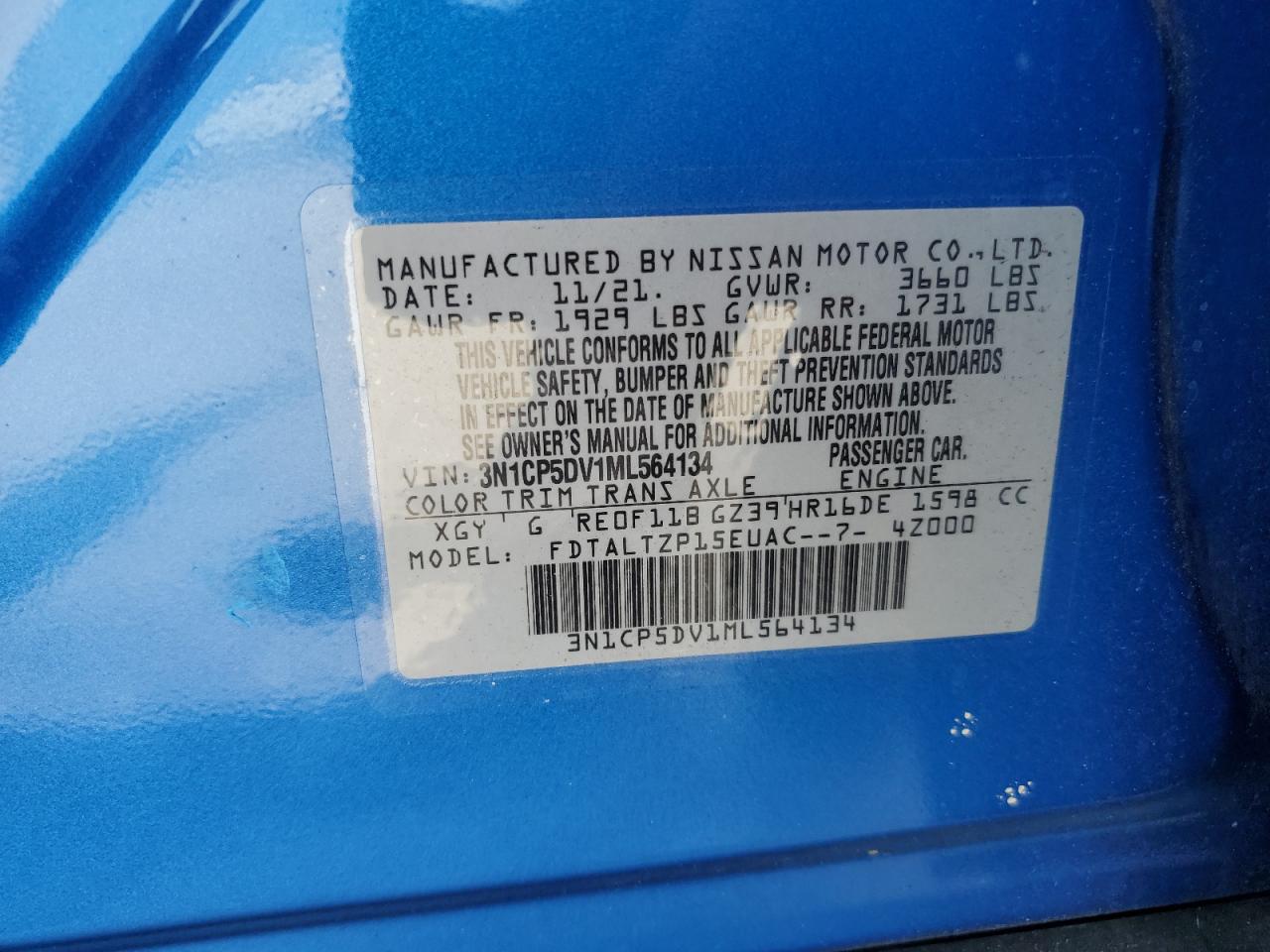 2021 Nissan Kicks Sr VIN: 3N1CP5DV1ML564134 Lot: 64379875