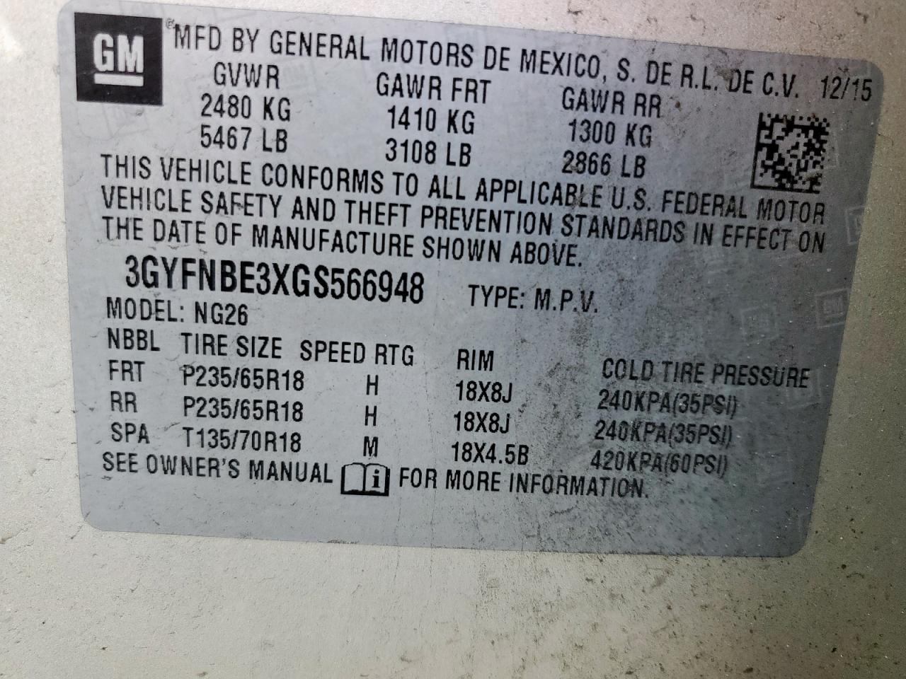 2016 Cadillac Srx Luxury Collection VIN: 3GYFNBE3XGS566948 Lot: 65988265
