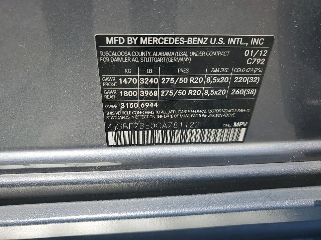2012 Mercedes-Benz Gl 450 4Matic VIN: 4JGBF7BE0CA781122 Lot: 64063715