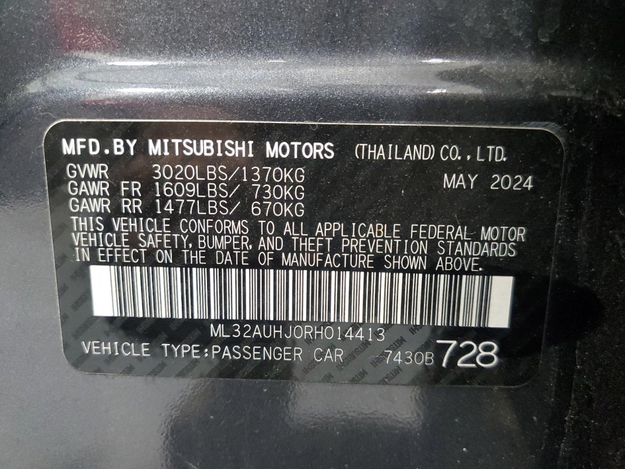 2024 Mitsubishi Mirage Es VIN: ML32AUHJ0RH014413 Lot: 64820025