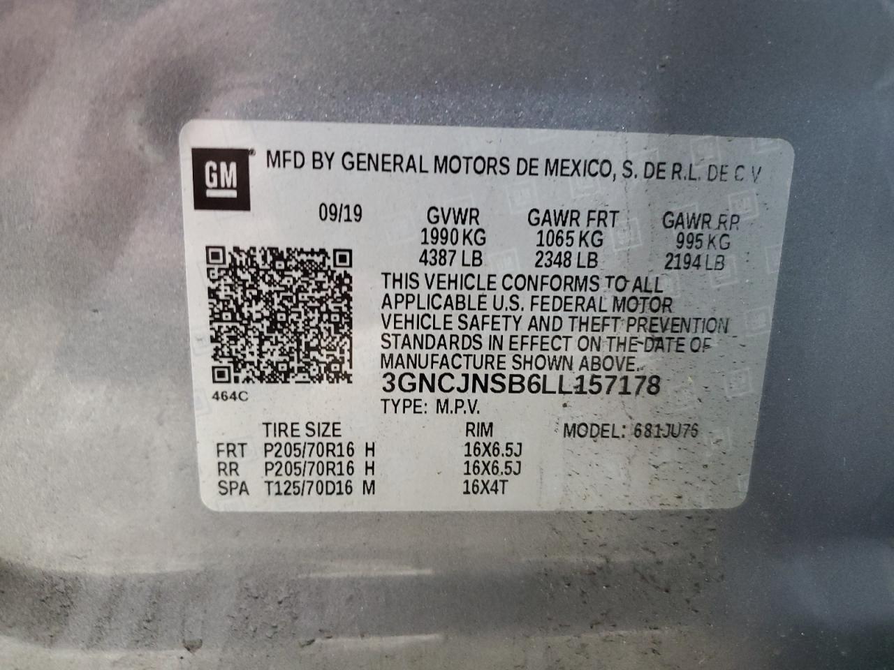 2020 Chevrolet Trax Ls VIN: 3GNCJNSB6LL157178 Lot: 65120835