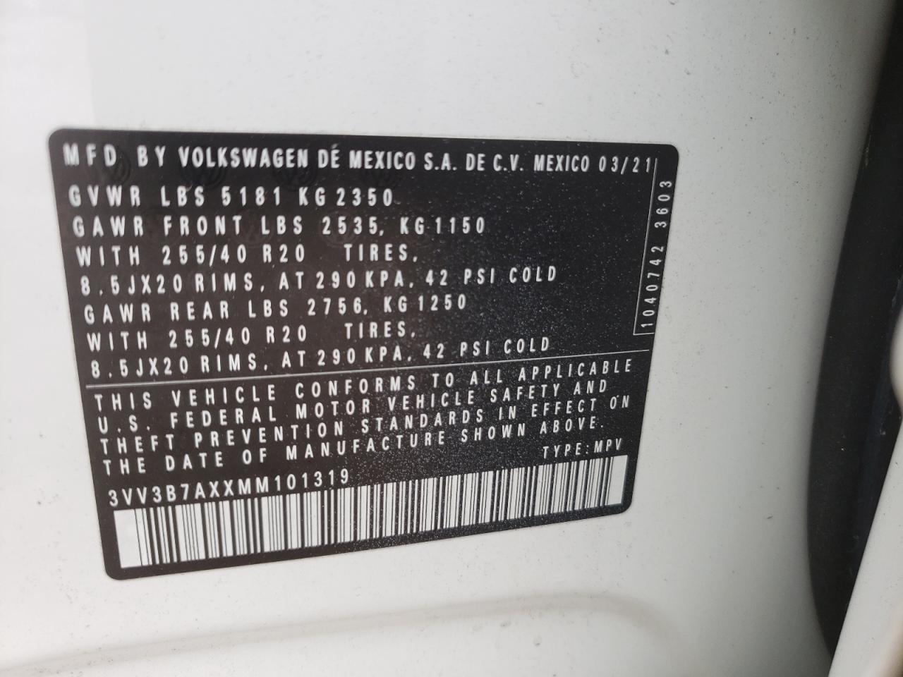 2021 Volkswagen Tiguan Se VIN: 3VV3B7AXXMM101319 Lot: 65332535
