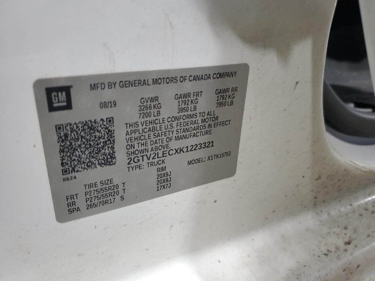 2019 GMC Sierra Limited K1500 VIN: 2GTV2LECXK1223321 Lot: 65186595