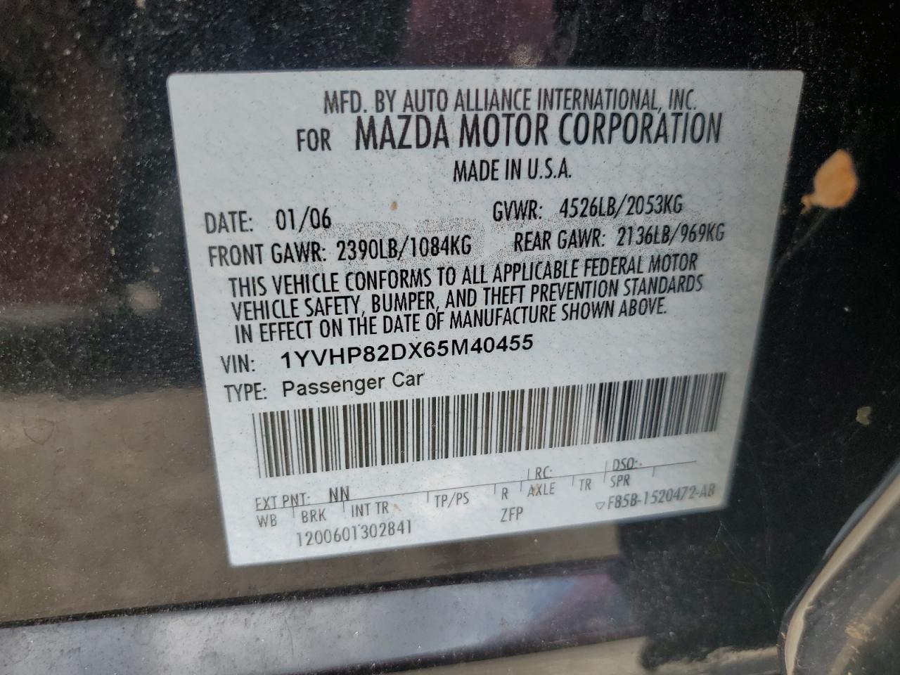 2006 Mazda 6 S VIN: 1YVHP82DX65M40455 Lot: 63978205