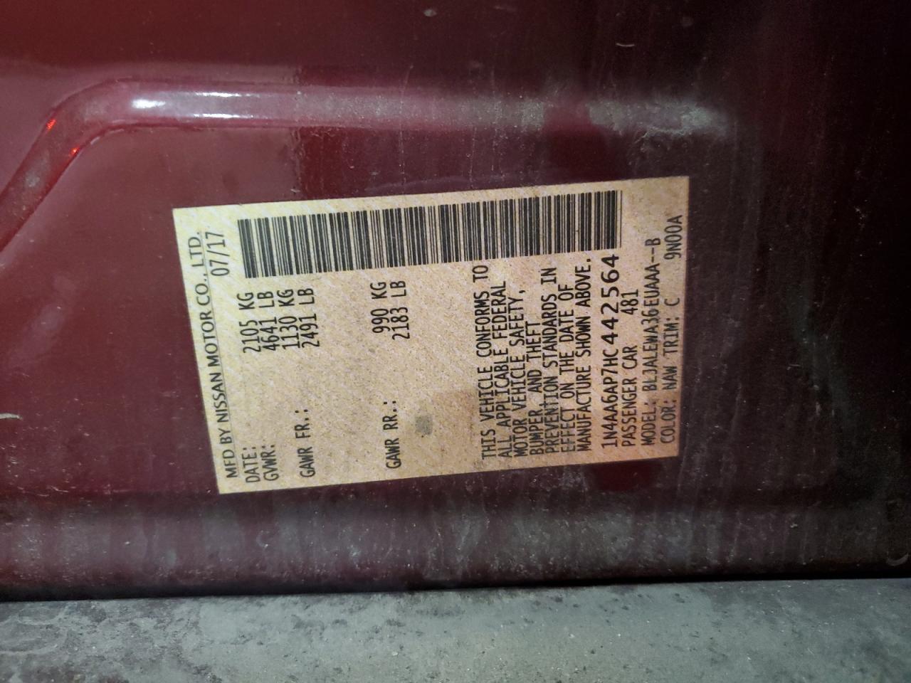 2017 Nissan Maxima 3.5S VIN: 1N4AA6AP7HC442564 Lot: 64361915