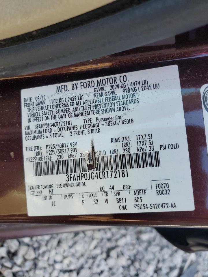 2012 Ford Fusion Sel VIN: 3FAHP0JG4CR172181 Lot: 66299605