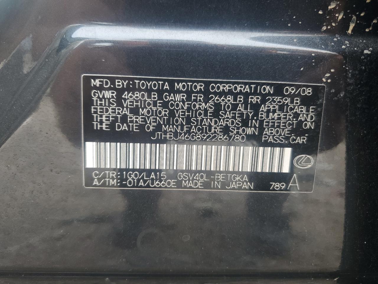 2009 Lexus Es 350 VIN: JTHBJ46G892286780 Lot: 64416275