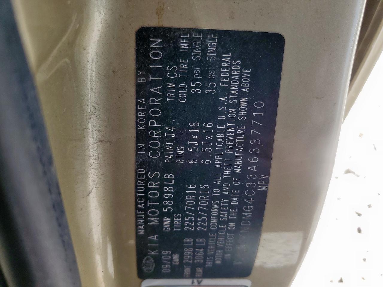 2010 Kia Sedona Lx VIN: KNDMG4C33A6337710 Lot: 65408795