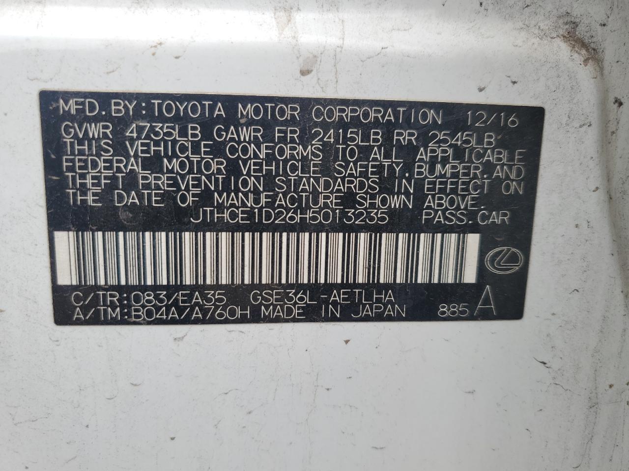 2017 Lexus Is 350 VIN: JTHCE1D26H5013235 Lot: 65055085