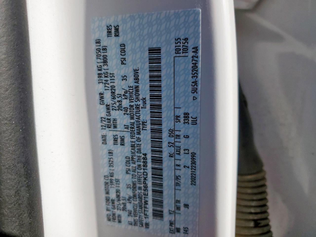 2023 Ford F150 Supercrew VIN: 1FTFW1E56PKD18884 Lot: 63800875