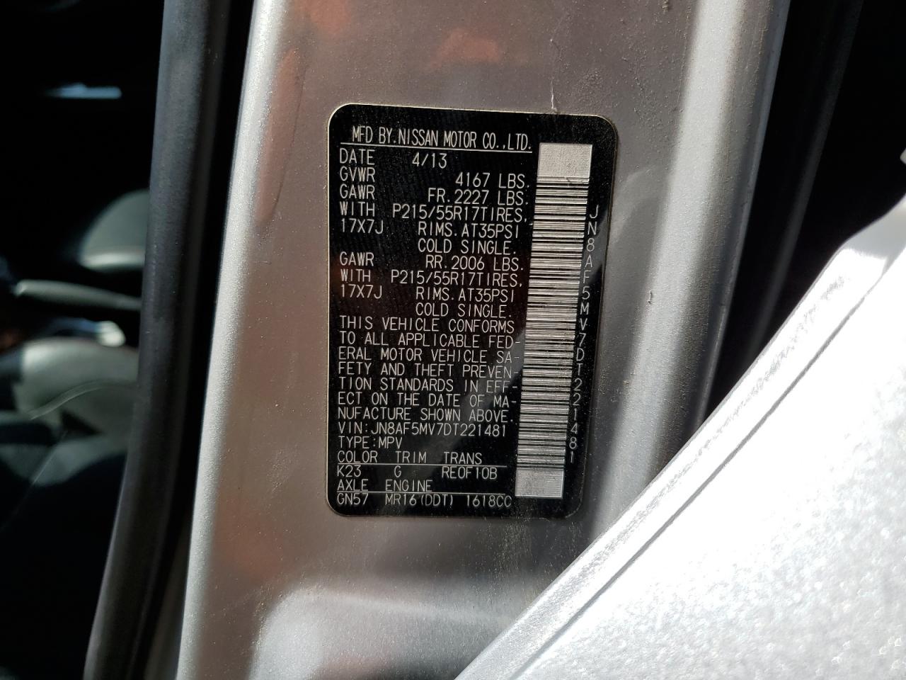 2013 Nissan Juke S VIN: JN8AF5MV7DT221481 Lot: 64867745