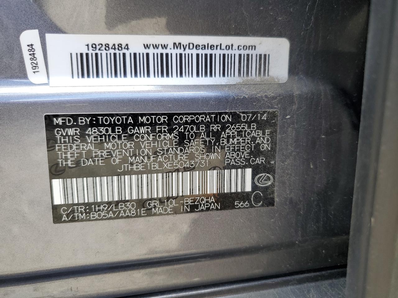 2014 Lexus Gs 350 VIN: JTHBE1BLXE5043731 Lot: 64969955