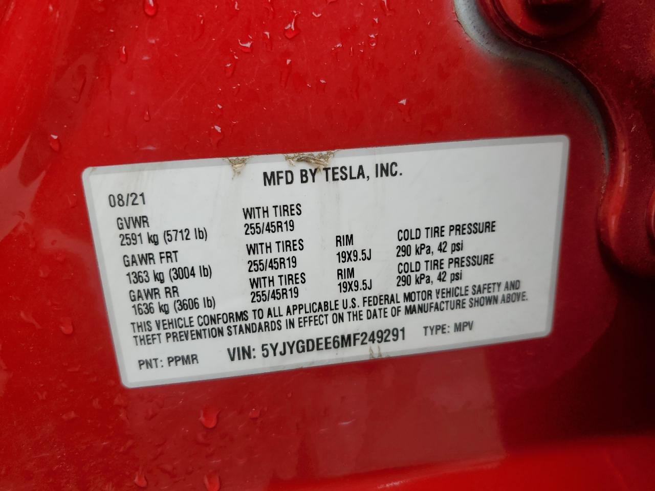 2021 Tesla Model Y VIN: 5YJYGDEE6MF249291 Lot: 66575285