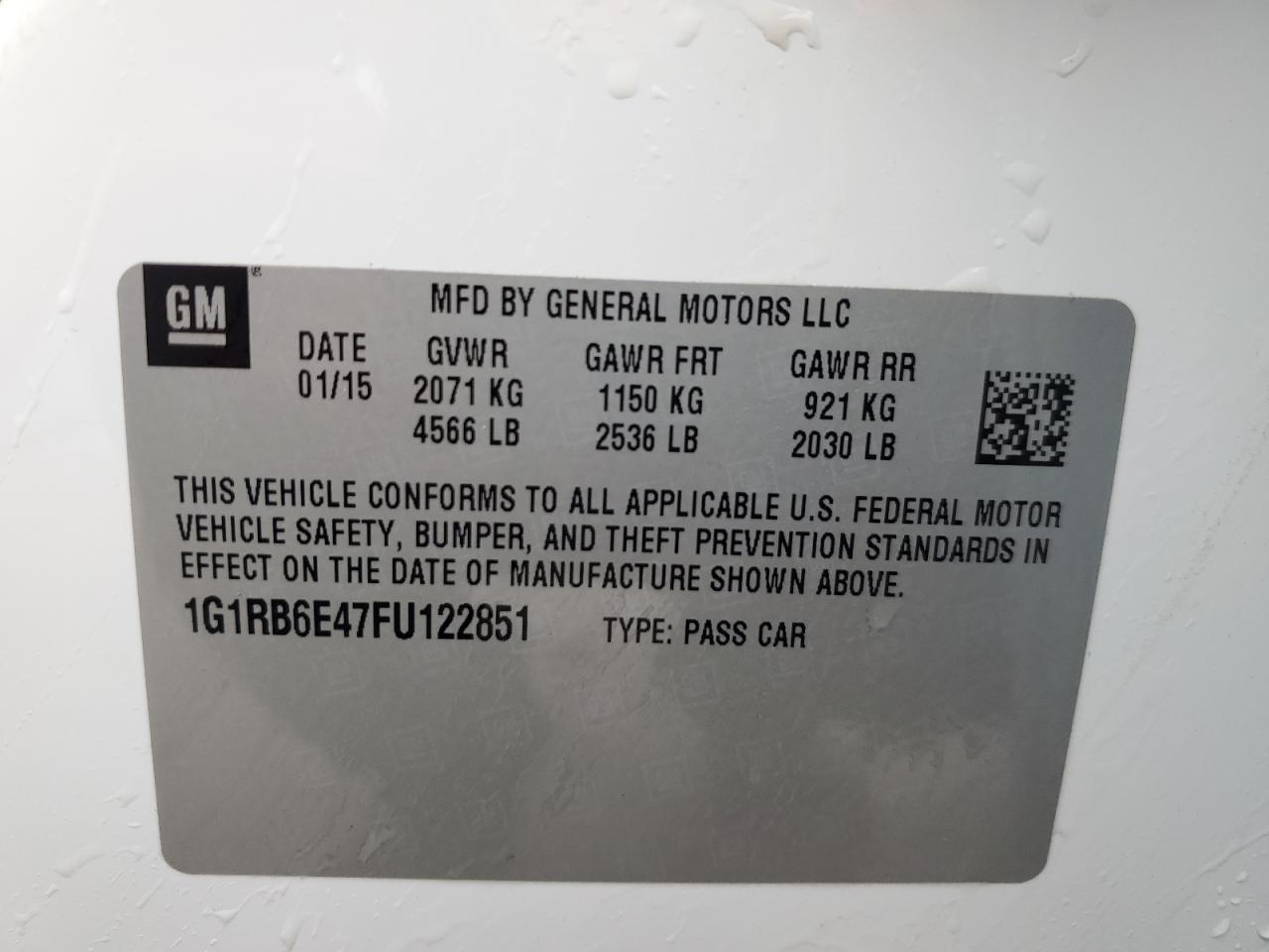 2015 Chevrolet Volt VIN: 1G1RB6E47FU122851 Lot: 66039335