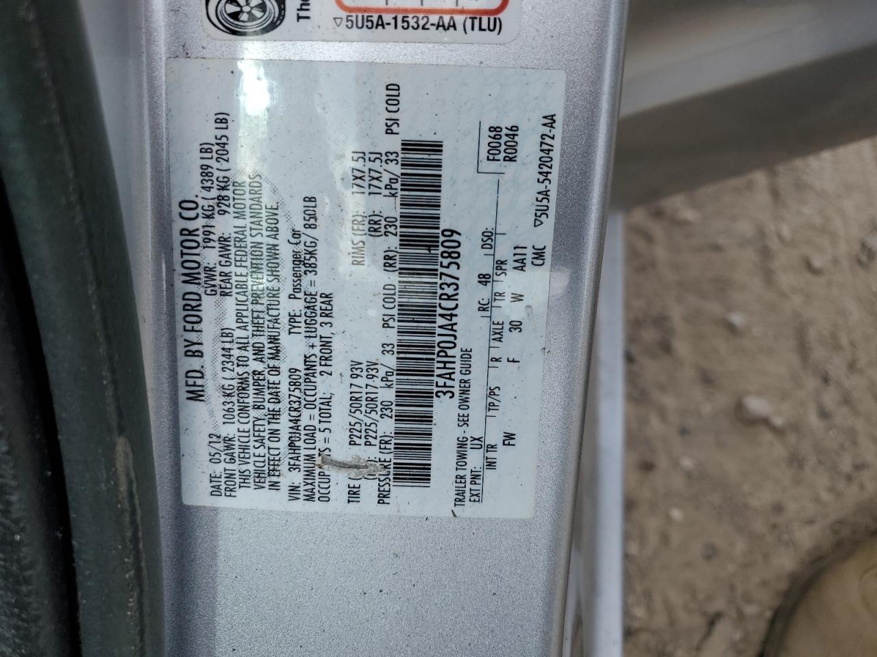 2012 Ford Fusion Sel VIN: 3FAHP0JA4CR375809 Lot: 65001175