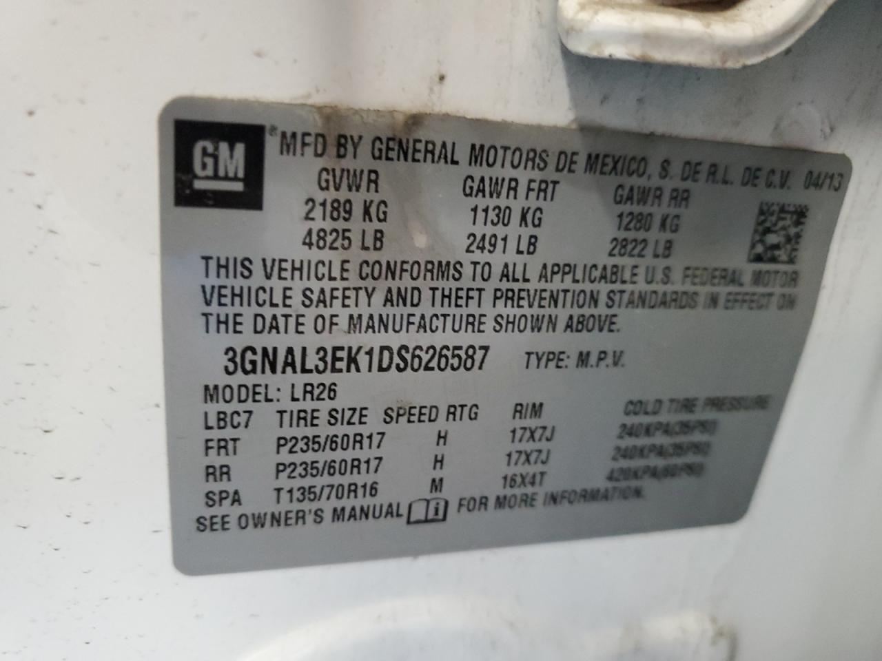 2013 Chevrolet Captiva Lt VIN: 3GNAL3EK1DS626587 Lot: 63732455