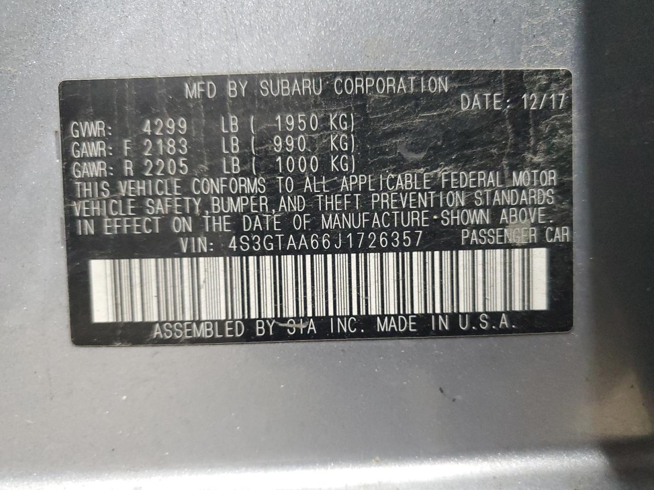2018 Subaru Impreza VIN: 4S3GTAA66J1726357 Lot: 65877755