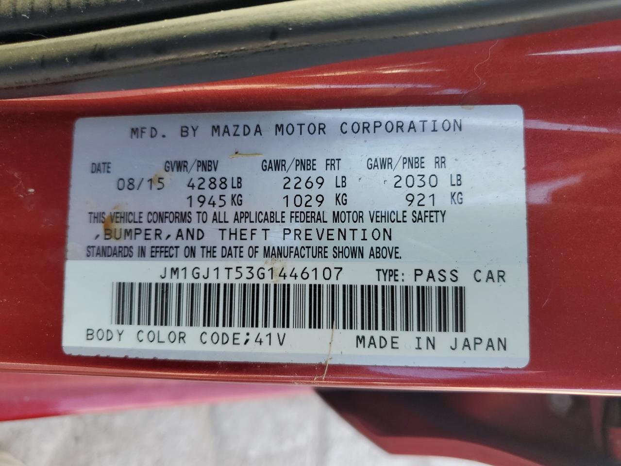 2016 Mazda 6 Touring VIN: JM1GJ1T53G1446107 Lot: 66136465