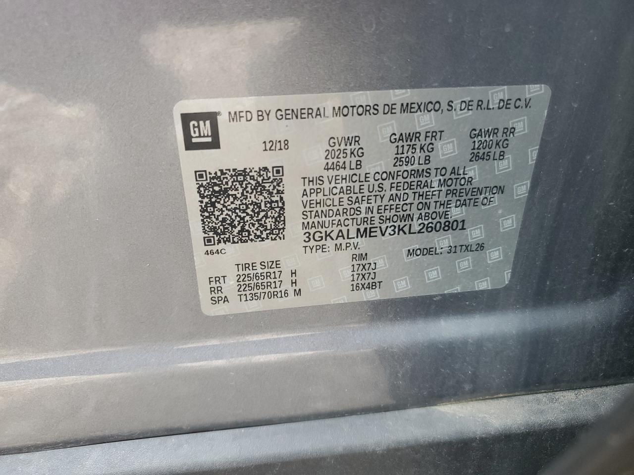 3gkalmev3kl260801 3GKALMEV3KL260801 2019 GMC Terrain Sle