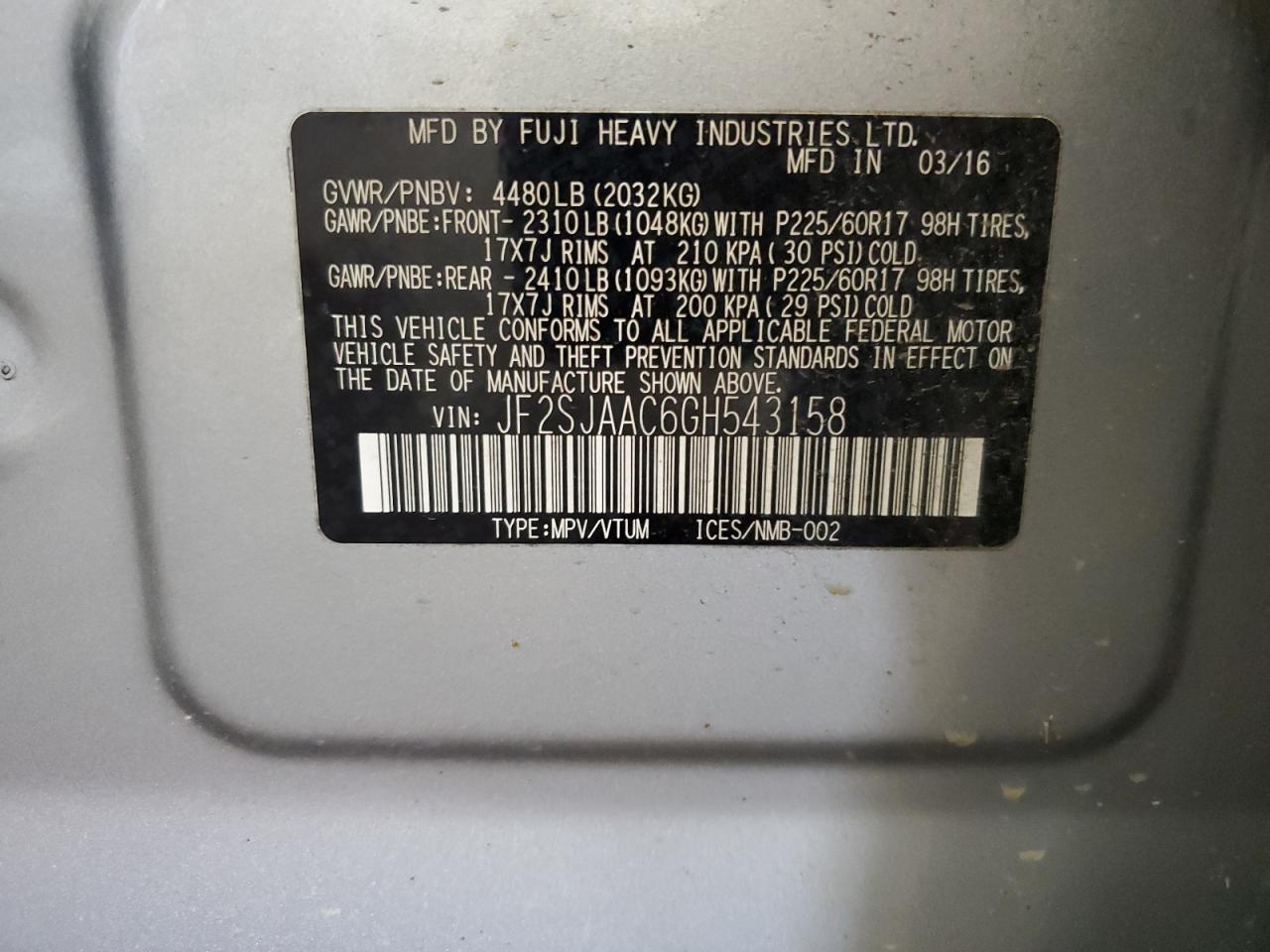 2016 Subaru Forester 2.5I VIN: JF2SJAAC6GH543158 Lot: 63226595