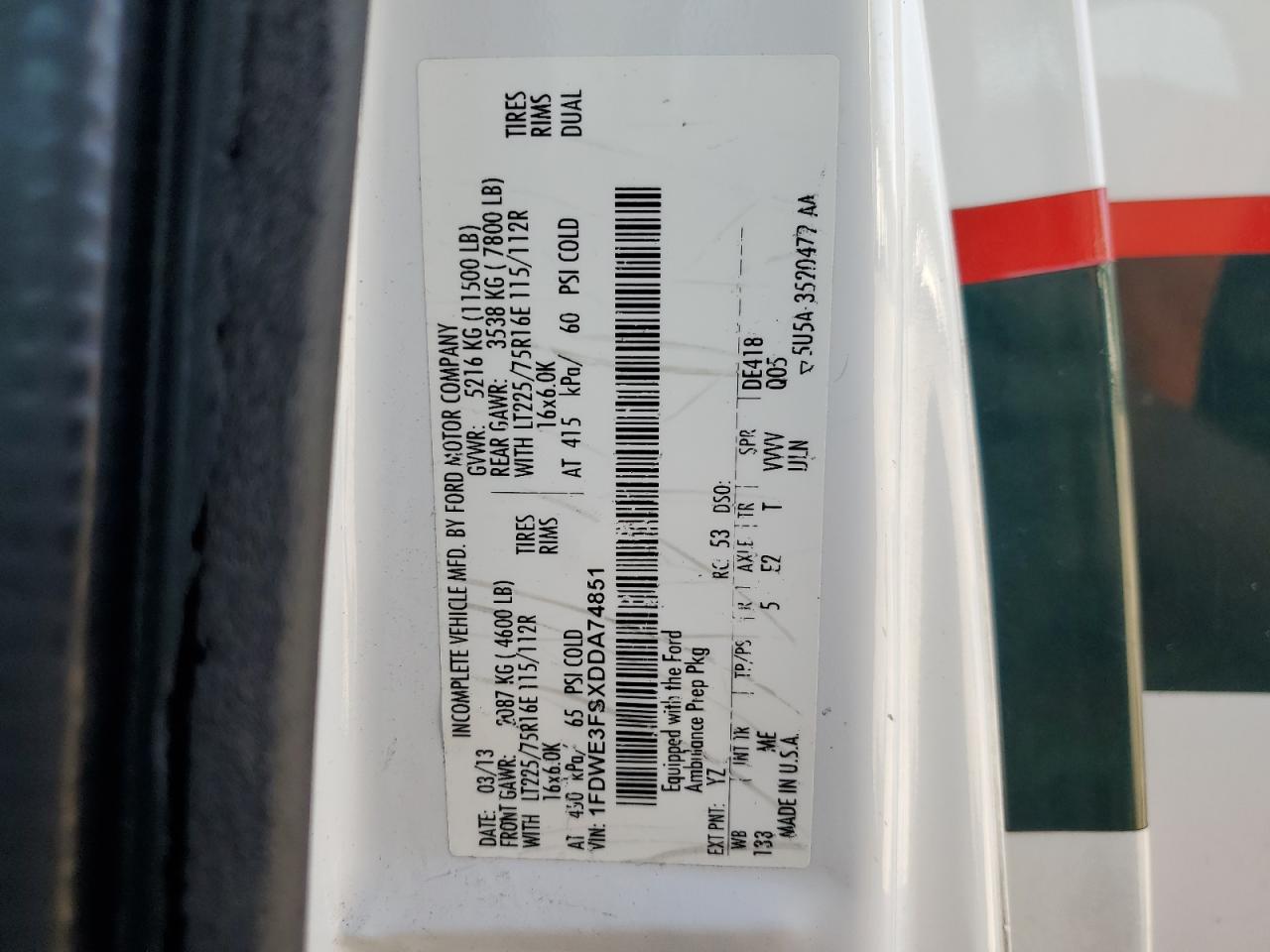 2013 Ford Econoline E350 Super Duty Cutaway Van VIN: 1FDWE3FSXDDA74851 Lot: 63290825