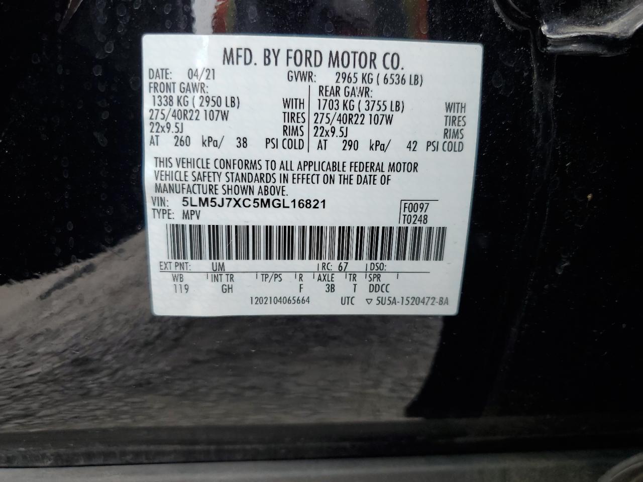 2021 Lincoln Aviator Reserve VIN: 5LM5J7XC5MGL16821 Lot: 66897675