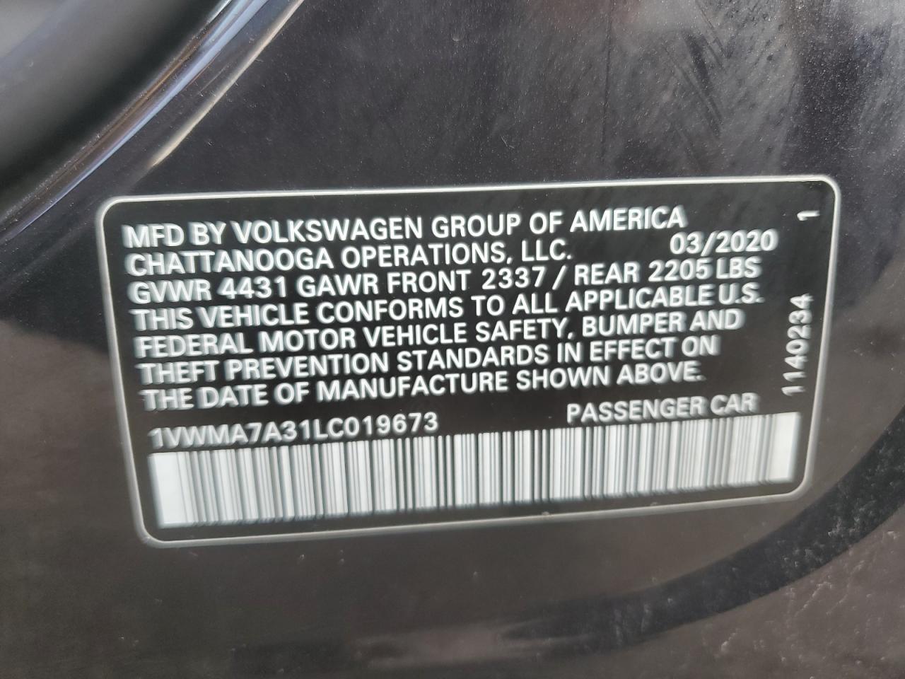 2020 Volkswagen Passat R-Line VIN: 1VWMA7A31LC019673 Lot: 66040645