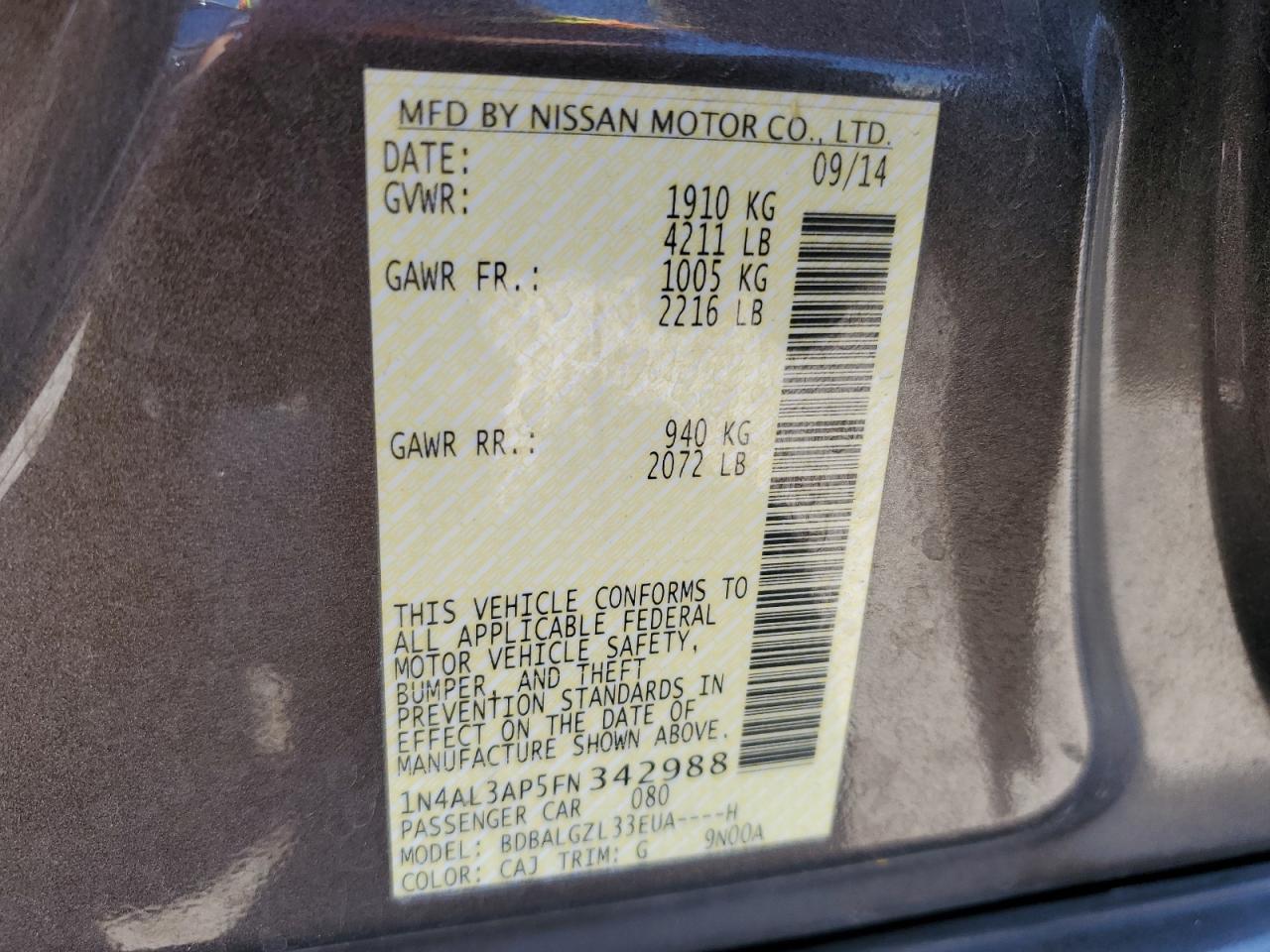 2015 Nissan Altima 2.5 VIN: 1N4AL3AP5FN342988 Lot: 65551385