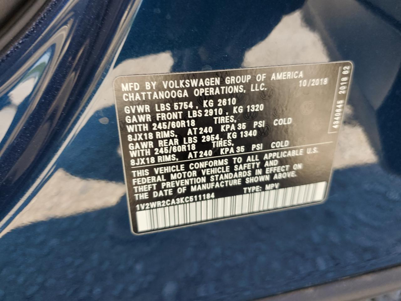 1v2wr2ca3kc511184 1V2WR2CA3KC511184 2019 Volkswagen Atlas Se